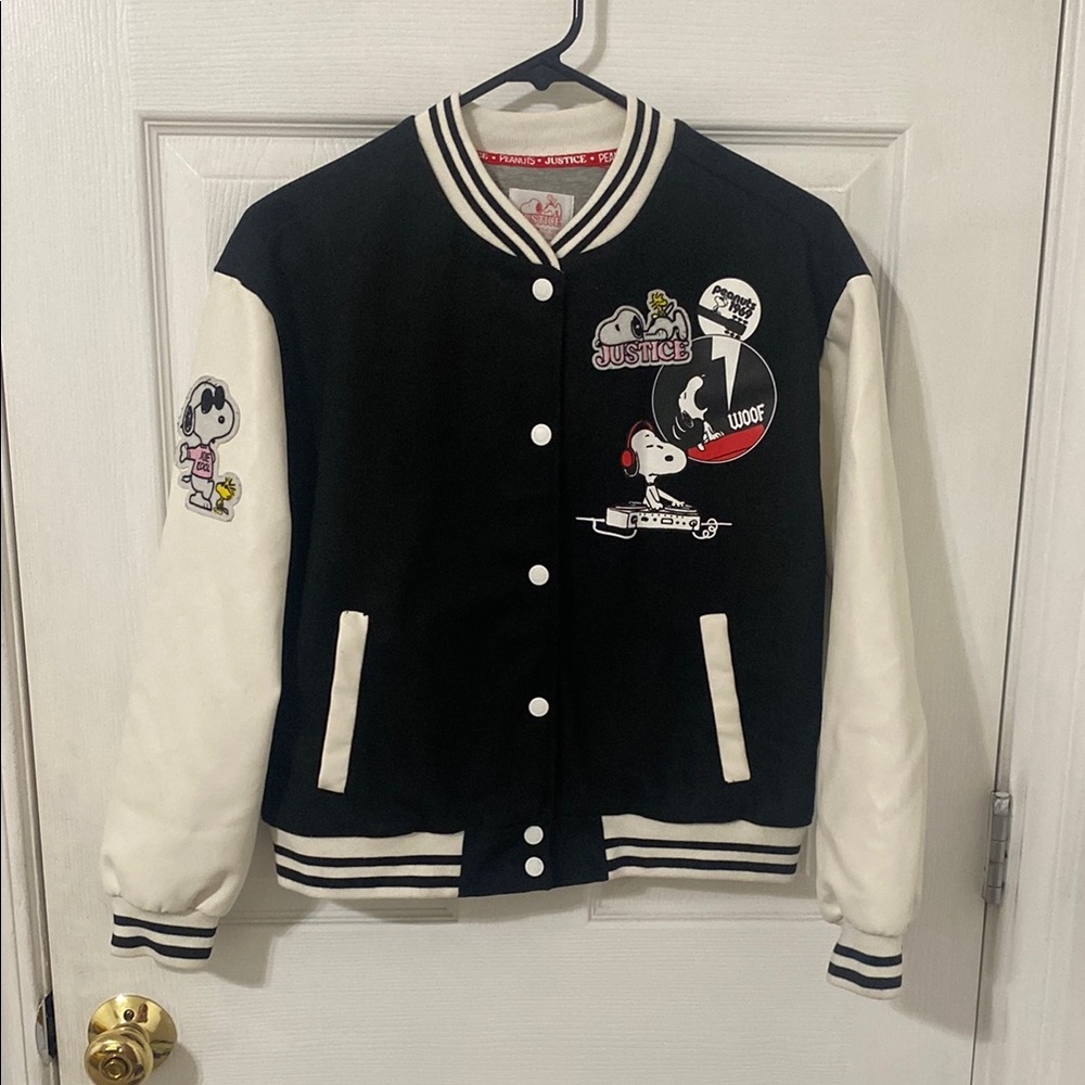 Justice Girls' Black & White Snoopy Varsity Jacket